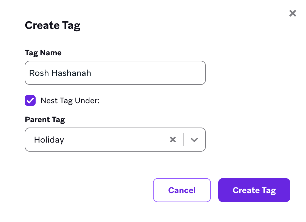 Der Dialog für ein neues Tag mit ausgewählter Option „Nest Tag Under“.