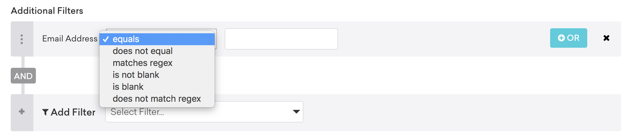 Ein Dropdown-Menü mit mehreren Filtern, die unter der Überschrift „Testing“ aufgelistet sind