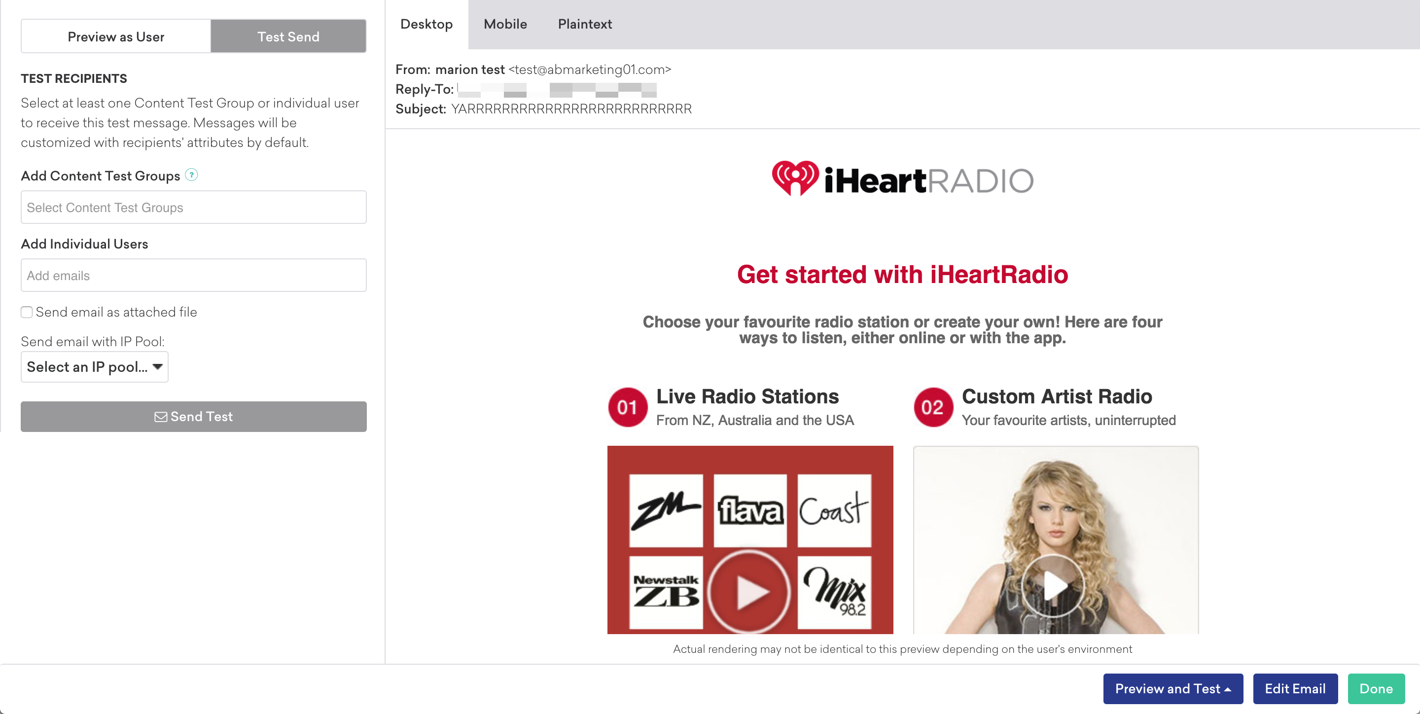Eine Braze-Campaign mit ausgewähltem Tab „Send Test“