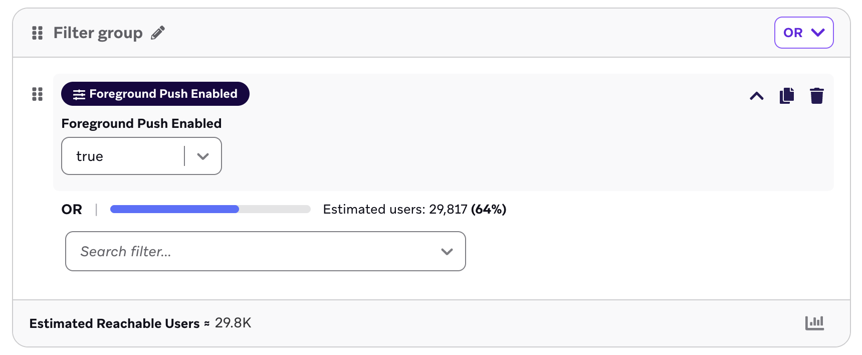 Segment mit dem Filter „Push Enabled“ auf „true“ gesetzt und geschätzten 29,8k Nutzer:innen.