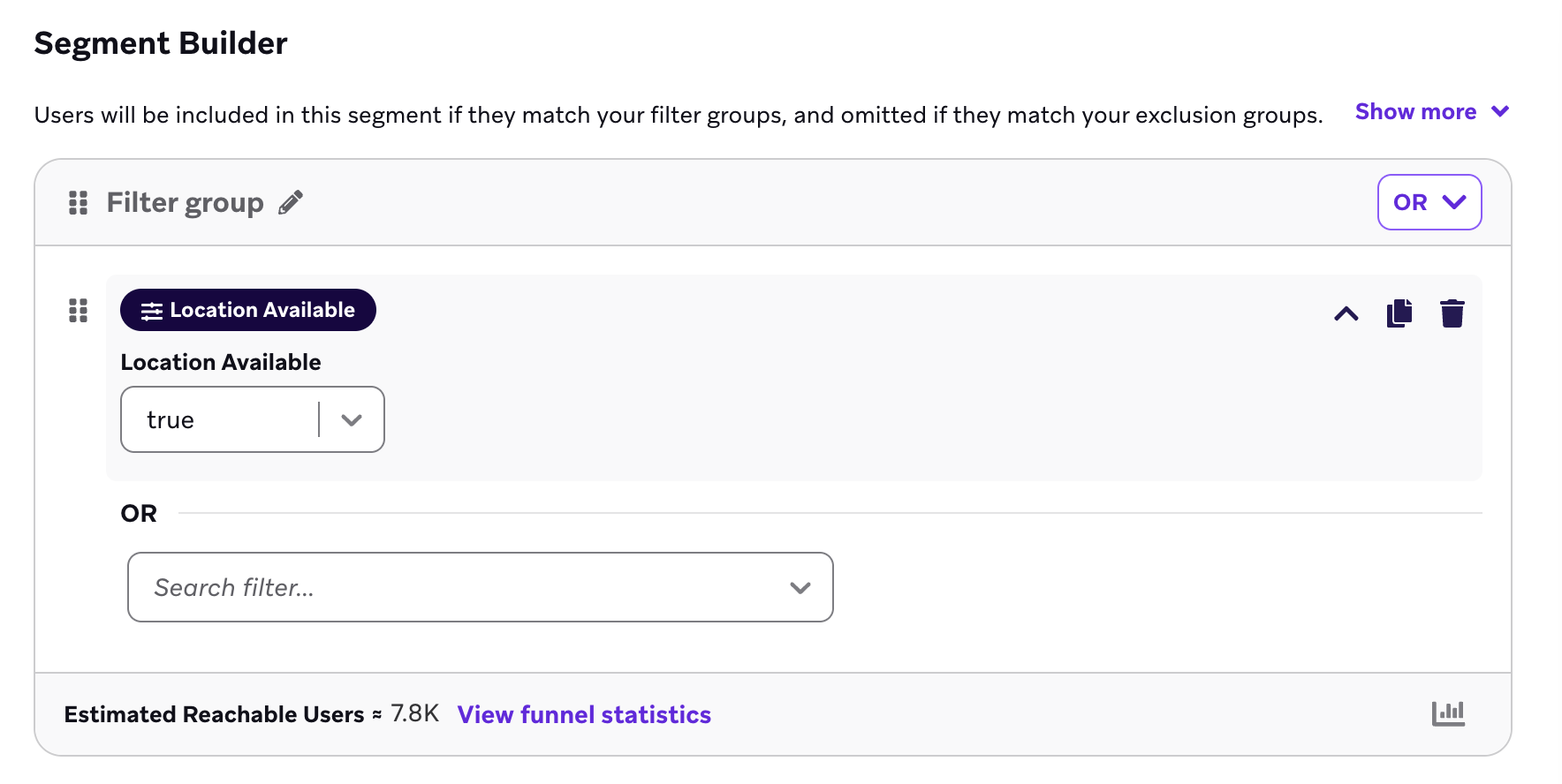 Ein Segment „Test Location“, das den Filter „Location Available“ verwendet.