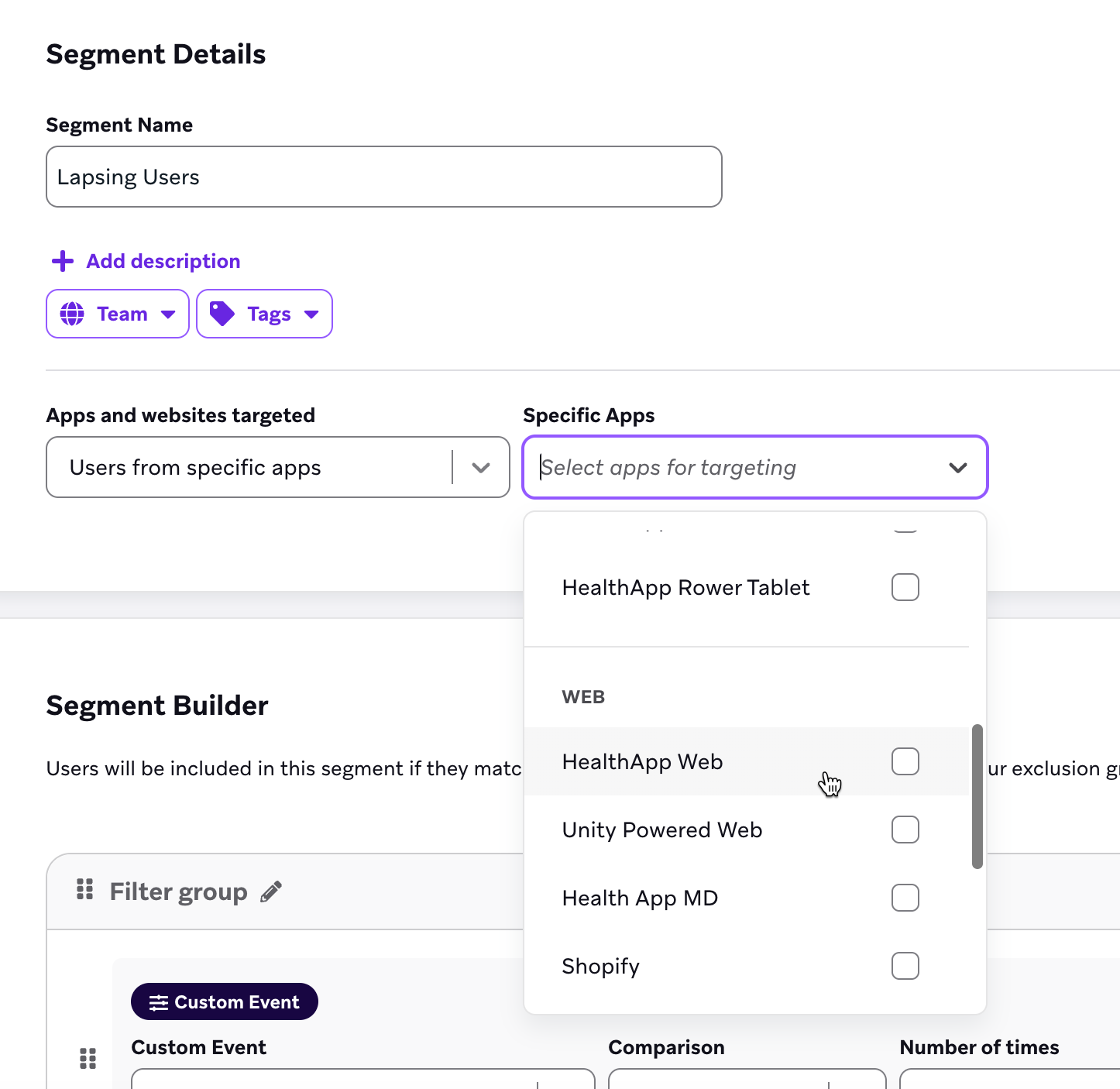 Segmentdetails-Seite mit Fokus auf der Web-App