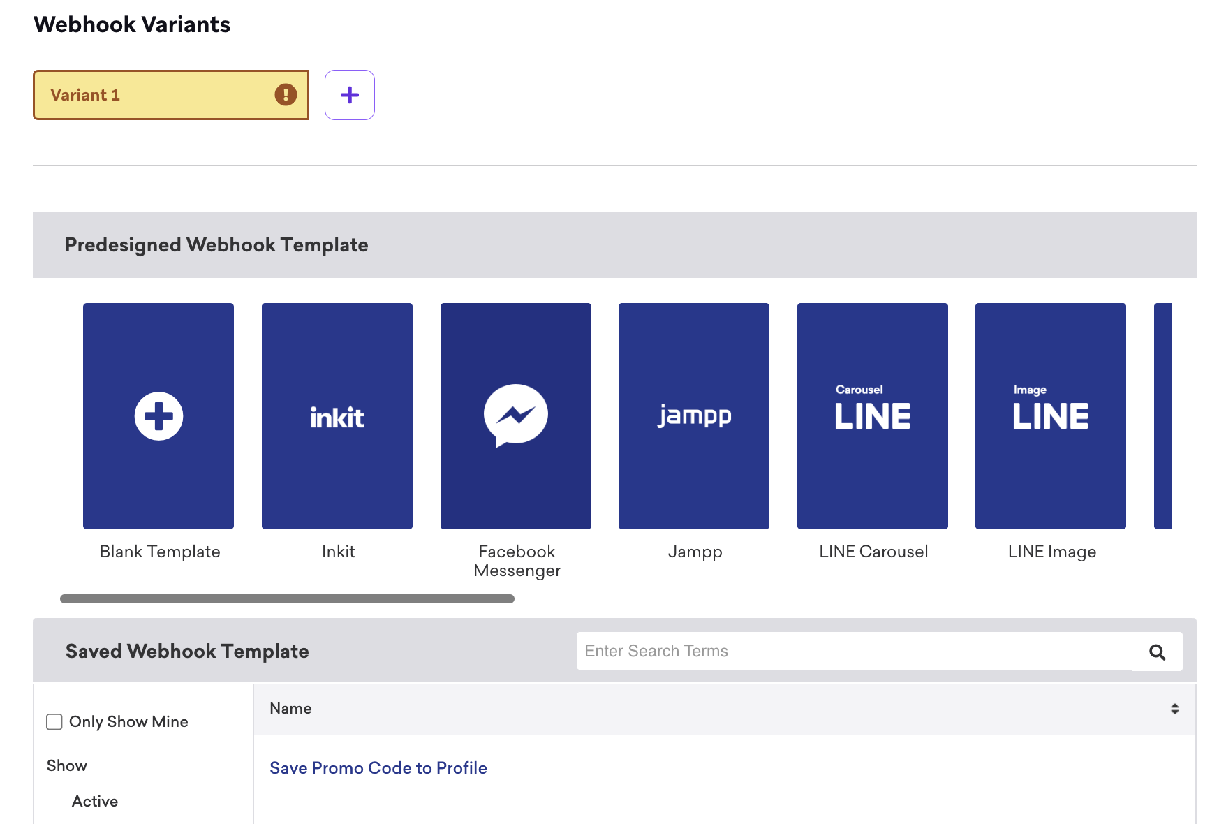 Die Seite „Webhook-Templates“ mit vorgefertigten und gespeicherten Webhook-Templates.