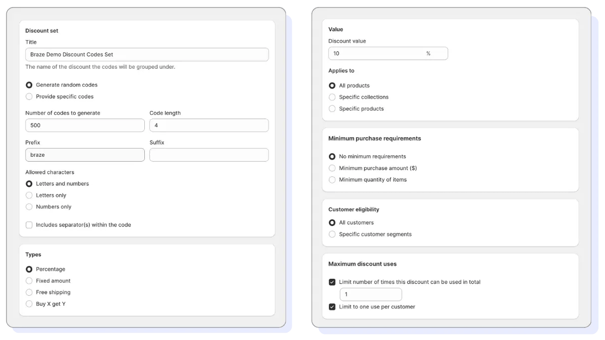 Las opciones de configuración de un conjunto de descuentos.