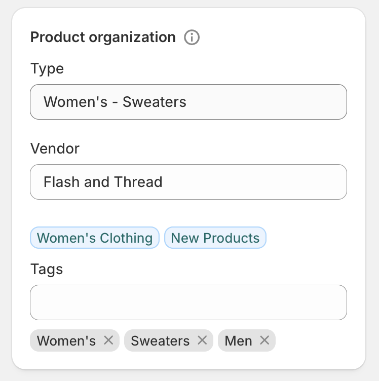 Un tipo de producto "Women's - Sweaters" con las etiquetas "Women's", "Sweaters" y "Men".