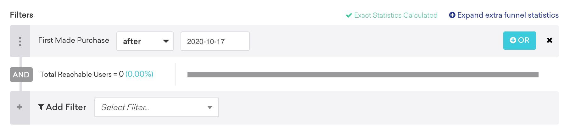 Filtro de segmentación para usuarios que realizaron su primera compra después del 17 de octubre de 2020.