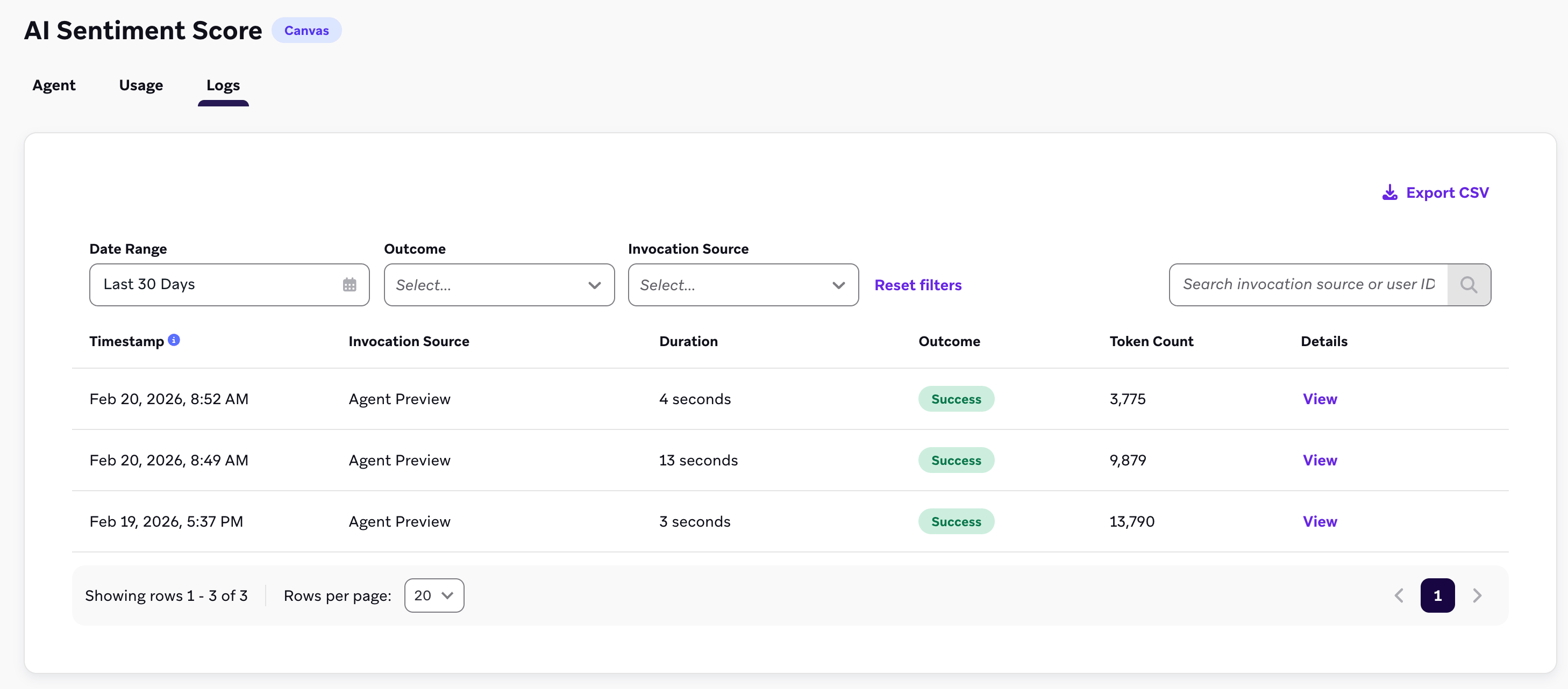 Registros para la puntuación de sentimiento de la IA de un agente.