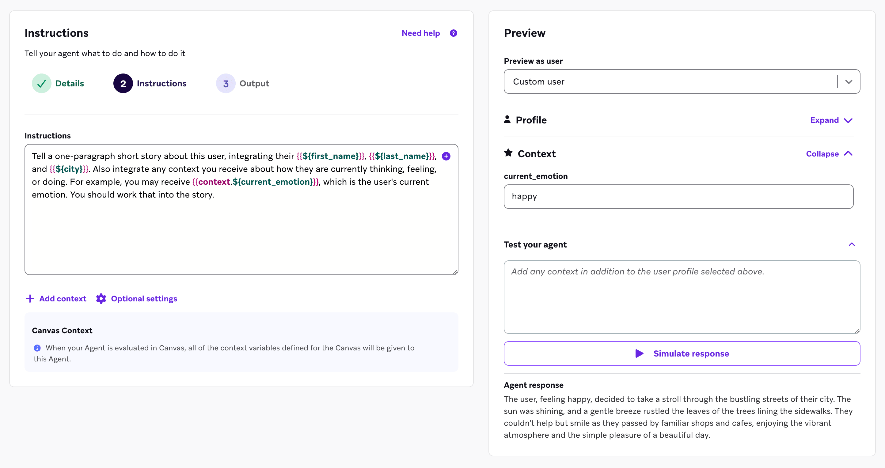 Consola del agente que muestra el panel de vista previa para probar un agente personalizado. La interfaz muestra un campo de entradas de muestra con datos de clientes de ejemplo, un botón Ejecutar prueba y un área de respuesta donde aparece la salida del agente.