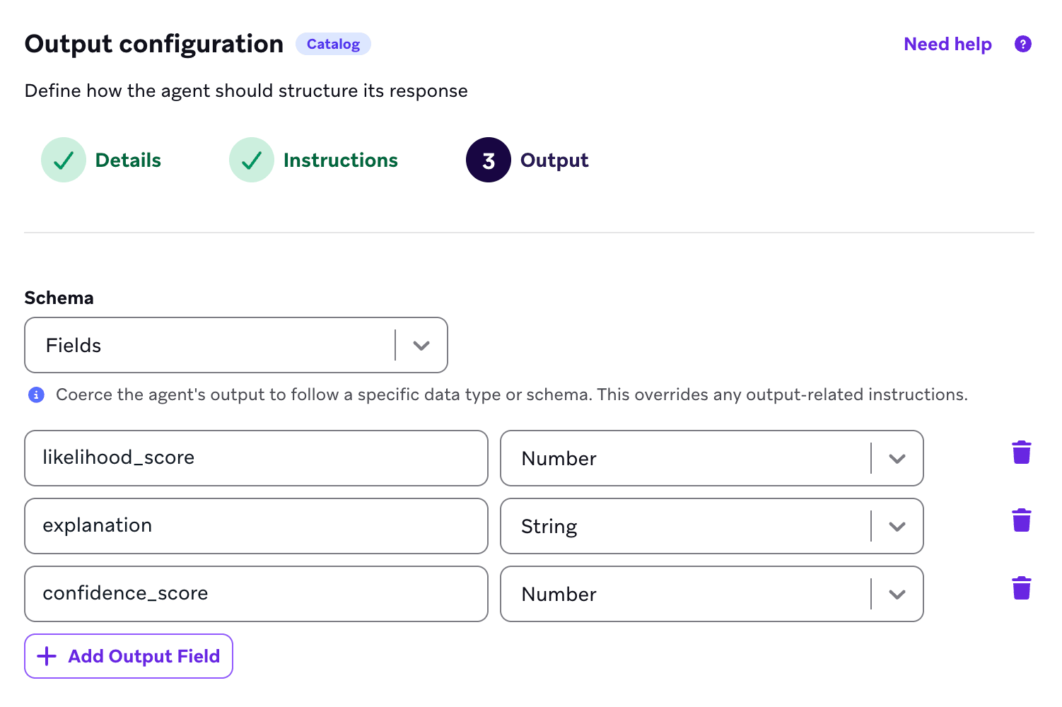 Consola del agente que muestra tres campos de salida para la puntuación de probabilidad, la explicación y la puntuación de confianza.