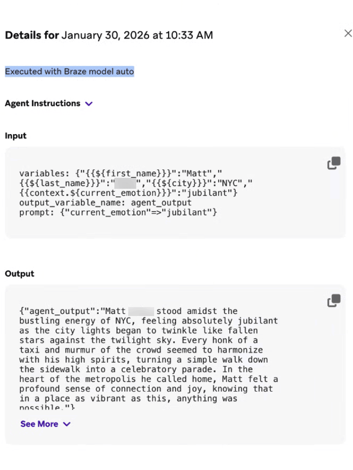 Los detalles de un agente que tiene Liquid en sus instrucciones.