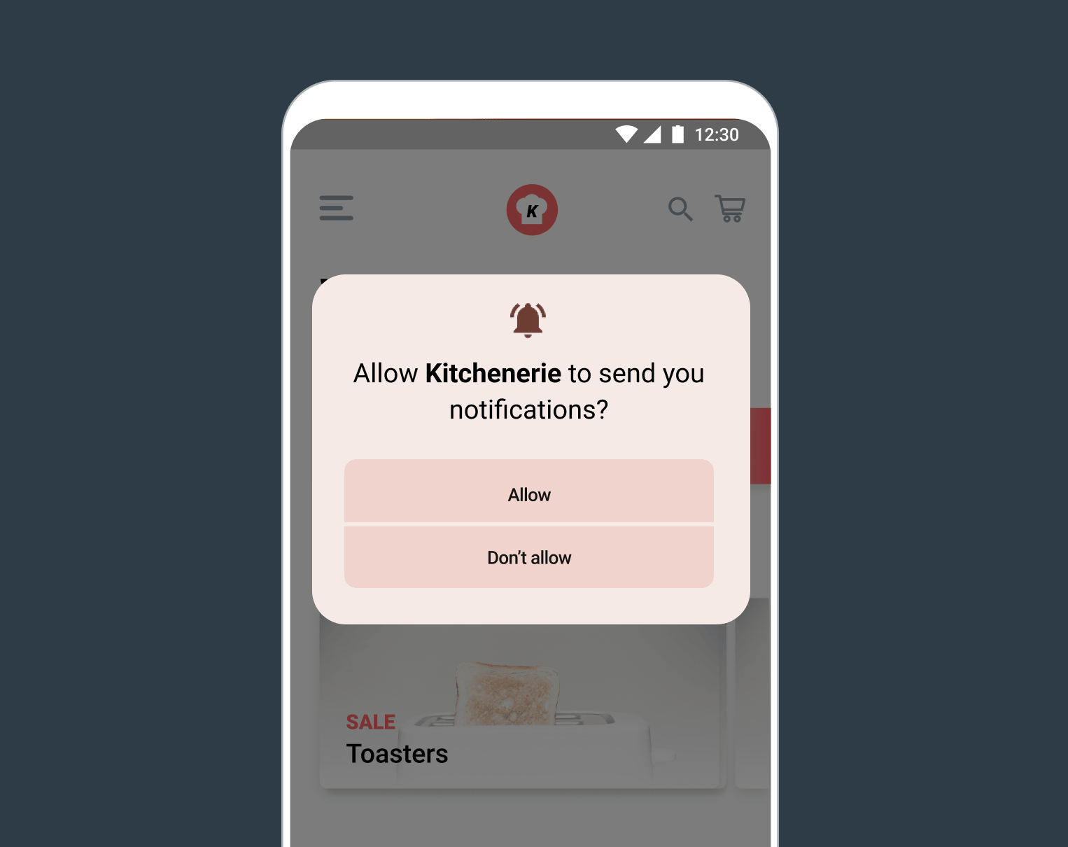 Un mensaje push de Android que pregunta "¿Permitir que Kitchenerie te envíe notificaciones?" con dos botones "Permitir" y "No permitir" en la parte inferior del mensaje.