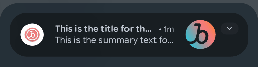 Un mensaje Android con el título "Este es el título de la notificación" y el texto resumen "Este es el texto resumen de la notificación"