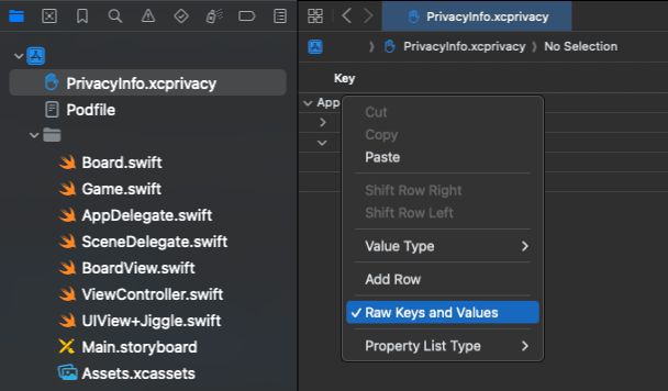 Un proyecto de Xcode con el menú contextual abierto y la opción "Claves y valores brutos" resaltada.