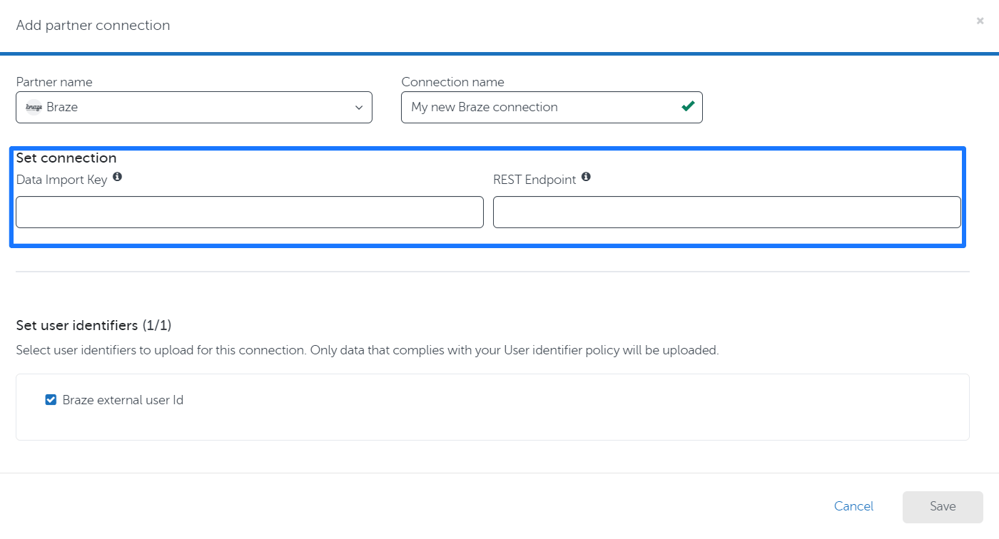 Página de configuración de la conexión de socios de la plataforma de audiencias AppsFlyer. La parte inferior de las imágenes muestra que la casilla ID externo de Braze está marcada.