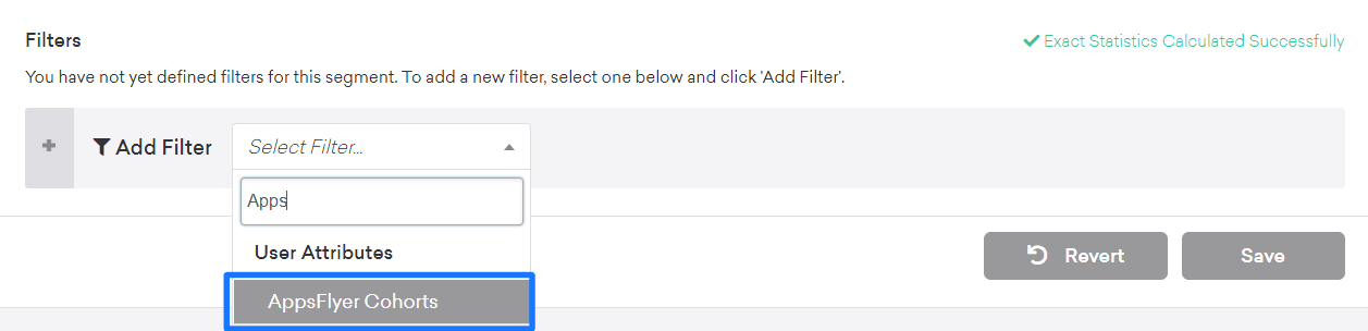 Filtro de atributos de usuario "Cohortes AppsFlyer" seleccionadas.