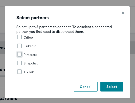 Opción de seleccionar hasta tres socios para conectarse a Braze.