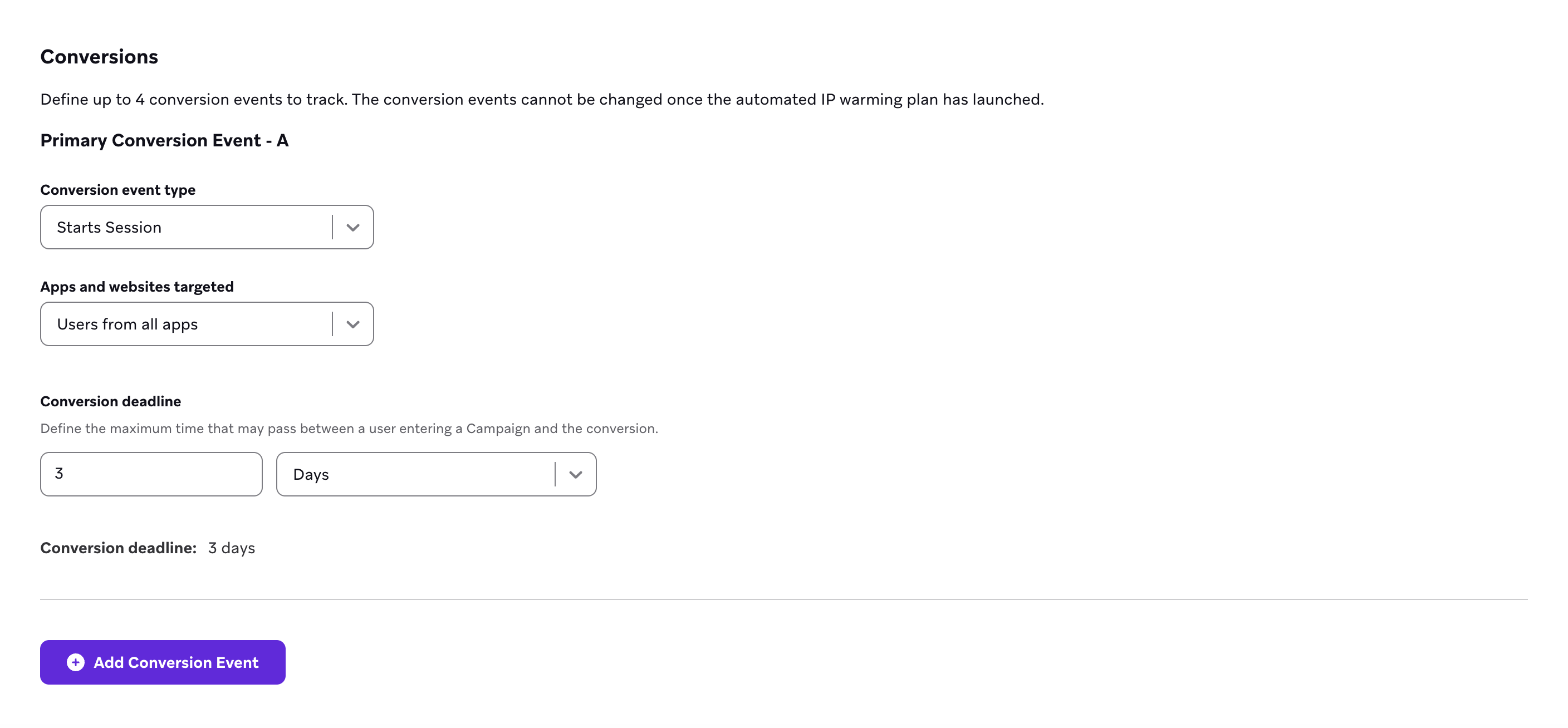 Configuración de conversión mostrando la selección de eventos de conversión y la fecha límite de conversión.