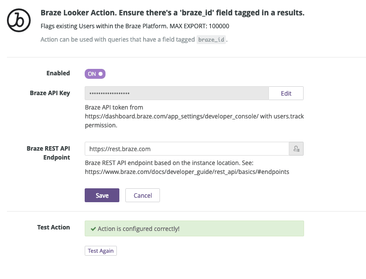 La página de configuración de Looker Braze. Aquí puedes encontrar campos para la clave de API de Braze y el punto final de API REST de Braze.