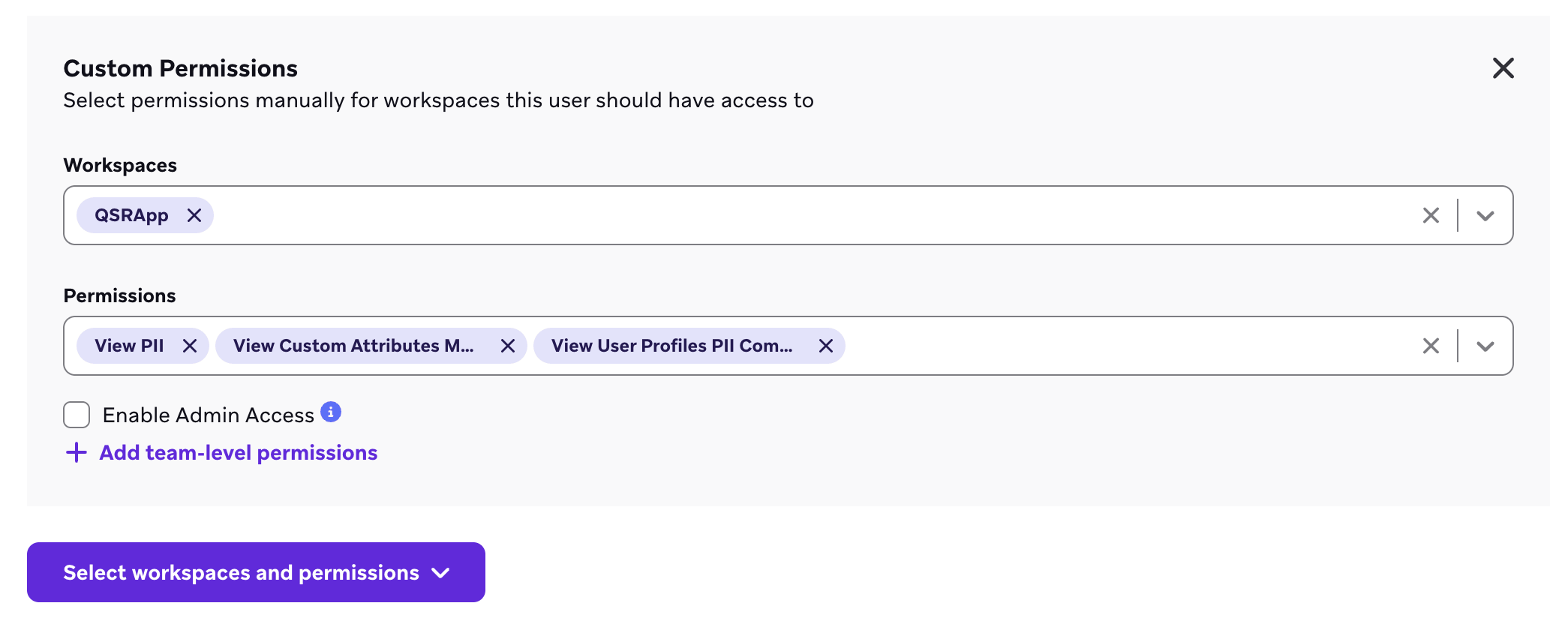 Permisos a nivel del espacio de trabajo seleccionados manualmente en Braze.