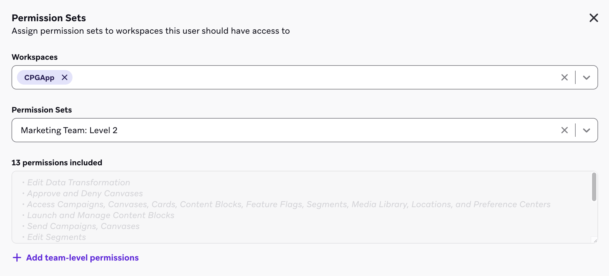 Permisos a nivel del espacio de trabajo asignados a través de un conjunto de permisos en Braze.