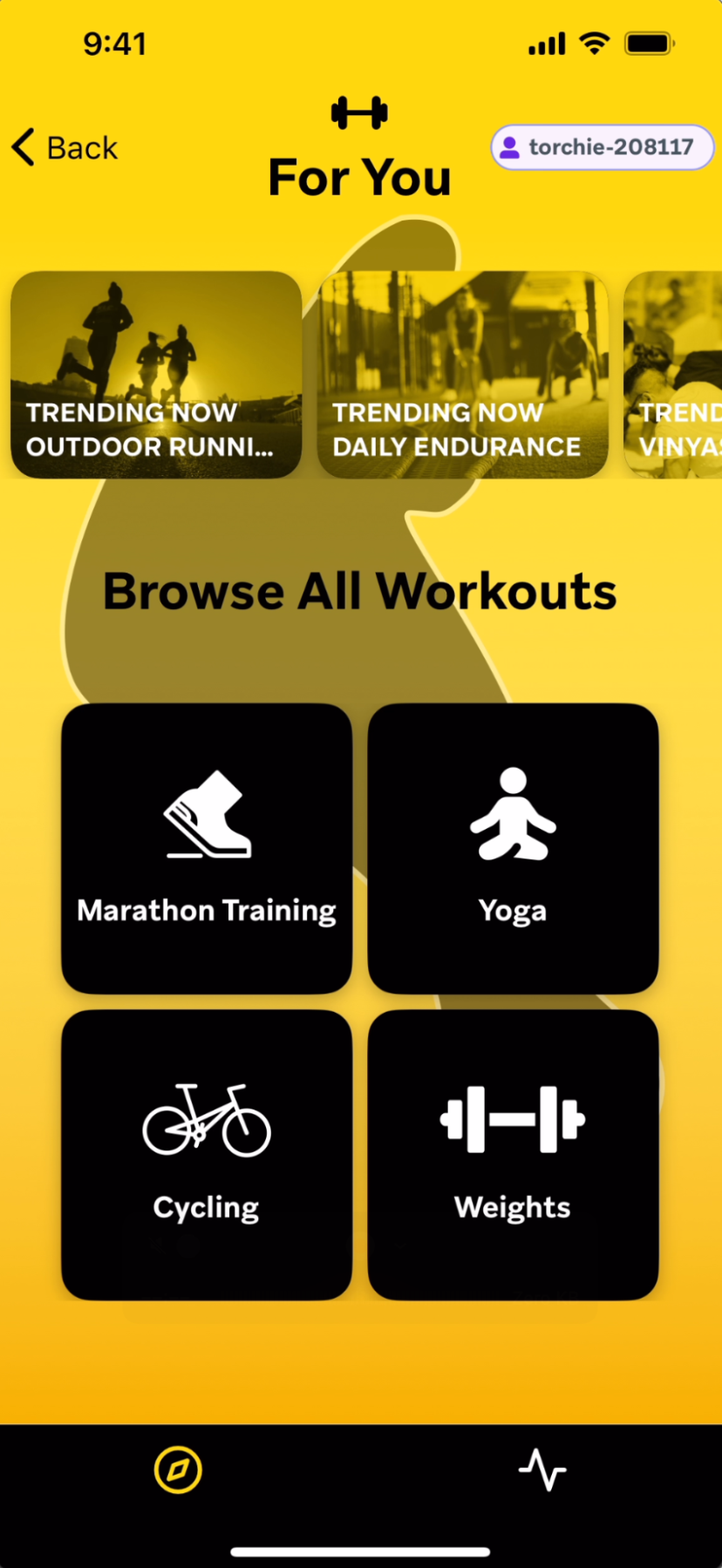 La página de inicio de Steppington con iconos para entrenamiento de maratón, yoga, ciclismo y pesas.