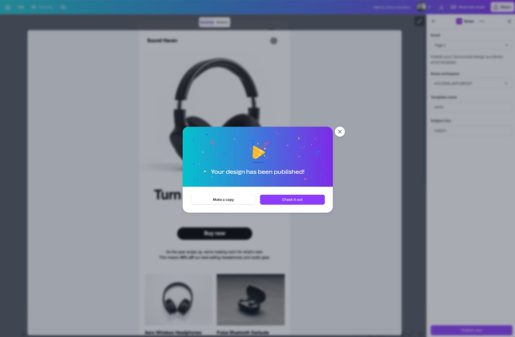 Mensaje de éxito después de publicar un diseño de correo electrónico de Canva en Braze, con Check it out.
