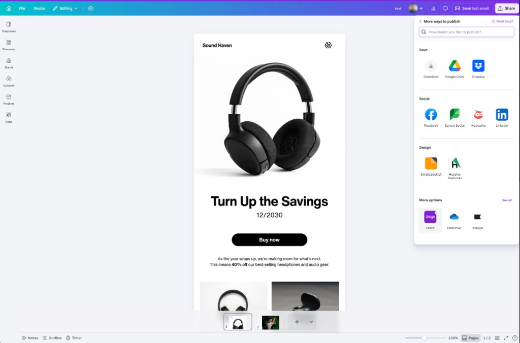 Más formas de publicar en Canva con Braze en More options.