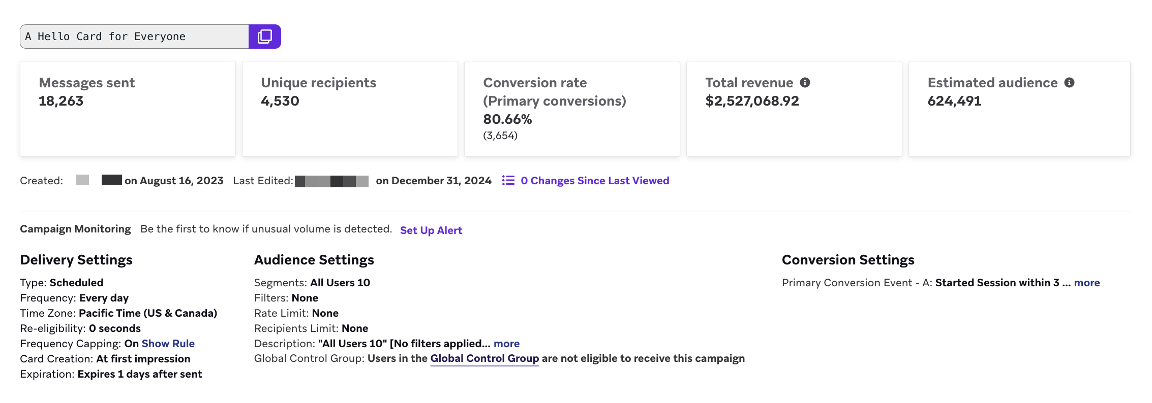 Panel Detalles de la campaña con un resumen de las métricas utilizadas para determinar el rendimiento de la campaña.