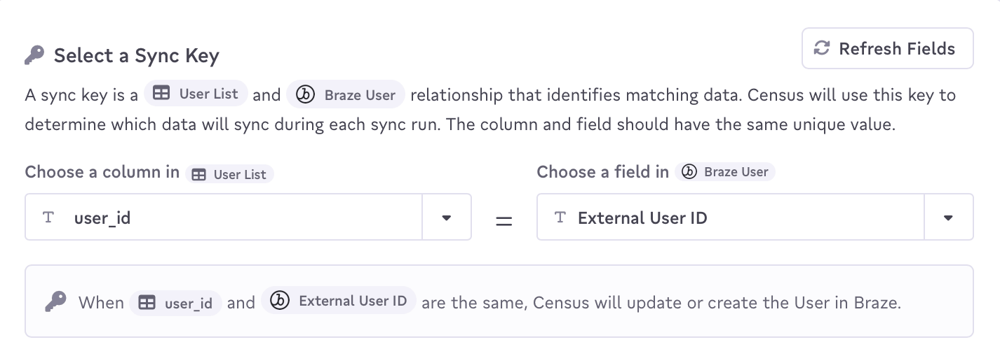 En la pregunta "Selecciona una clave de sincronización", "ID usuario externo" de Braze coincide con "user_id" en la fuente.