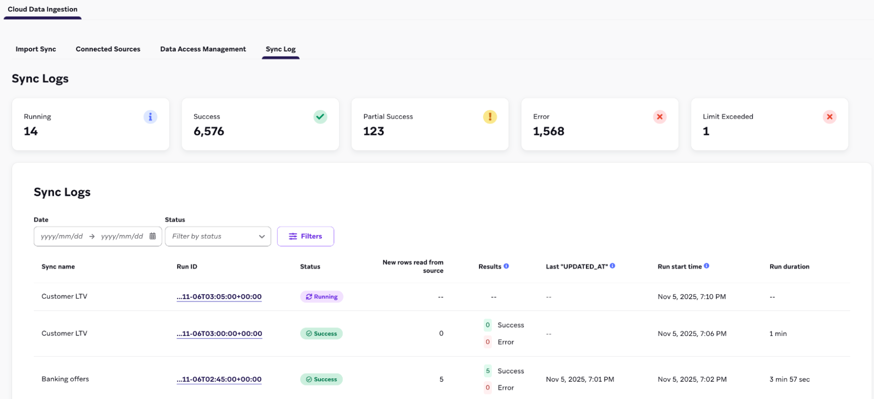 Un ejemplo de registros de sincronización con un total de 6576 éxitos.