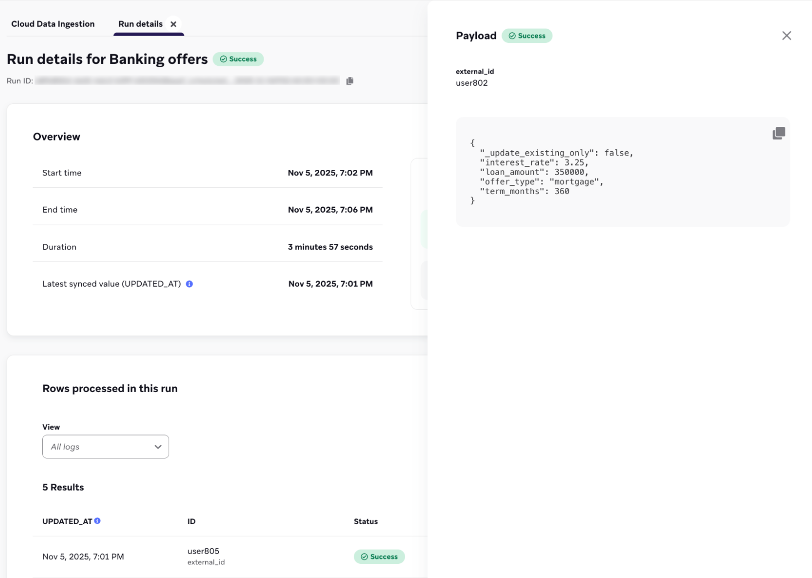 Ejemplo de carga útil para una fila específica en un registro de sincronización.