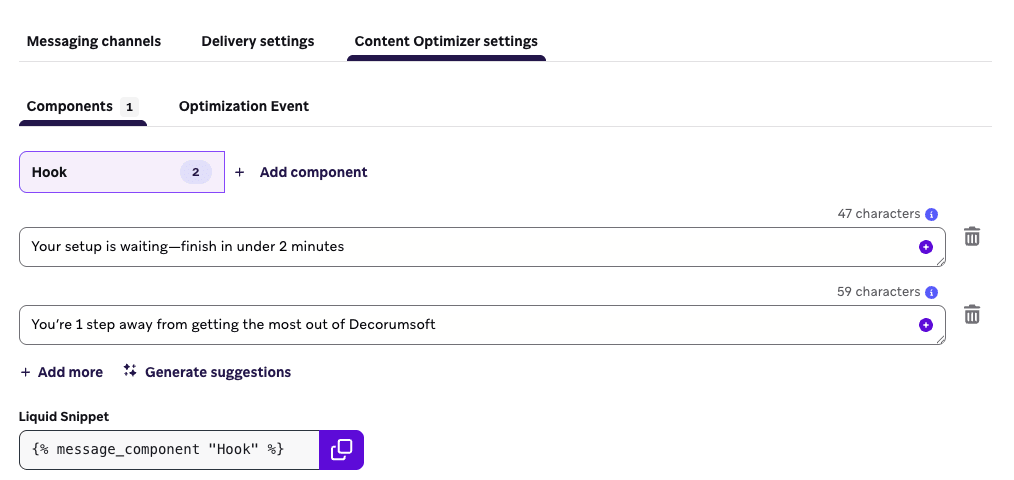 Ajustes del Optimizador de contenidos que muestran opciones para añadir y configurar componentes de contenido para la optimización de SMS/MMS/RCS.