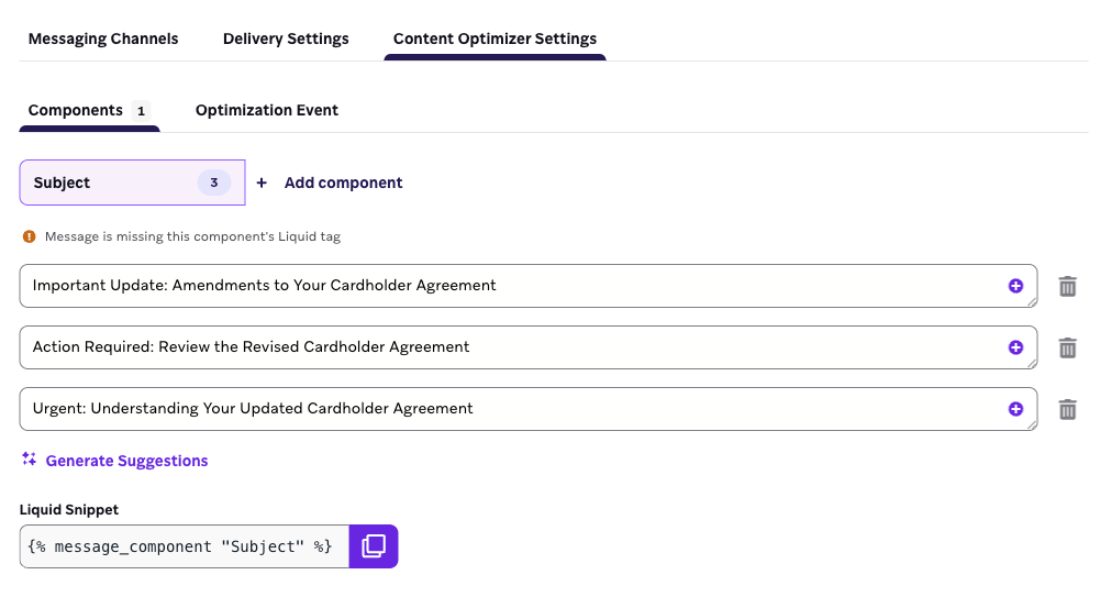 Interfaz de Content Optimizer Settings que muestra opciones para añadir y configurar componentes de contenido para la optimización del correo electrónico. Cada componente tiene campos de entrada para introducir diferentes variantes. El texto visible incluye nombres de componentes y campos para introducir texto de variantes.