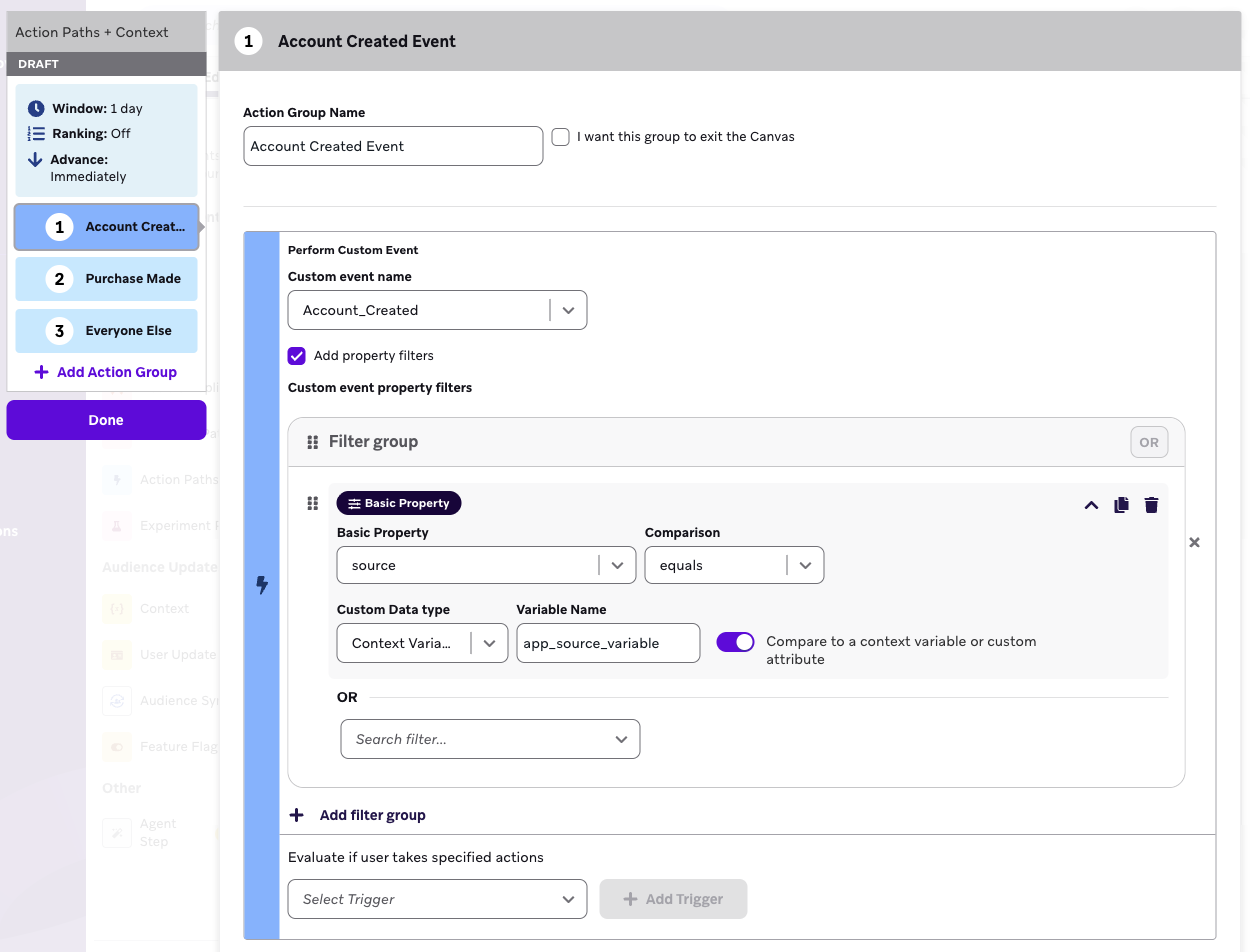 Un ejemplo de ruta de acción que hace referencia a una variable de contexto al realizar un evento personalizado.