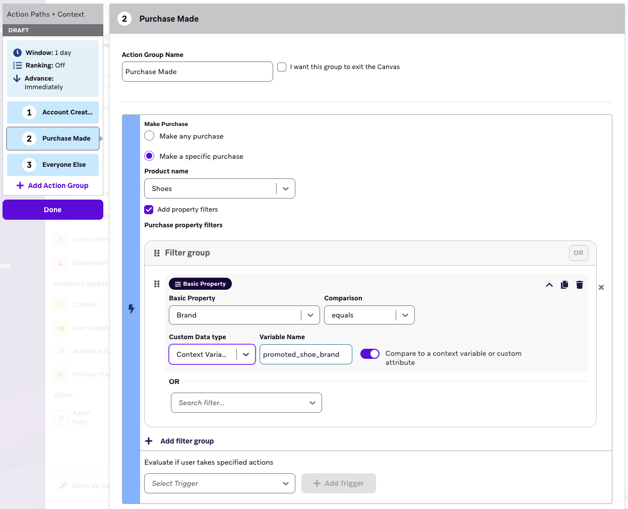 Un ejemplo de ruta de acción que hace referencia a una variable de contexto al realizar una compra.