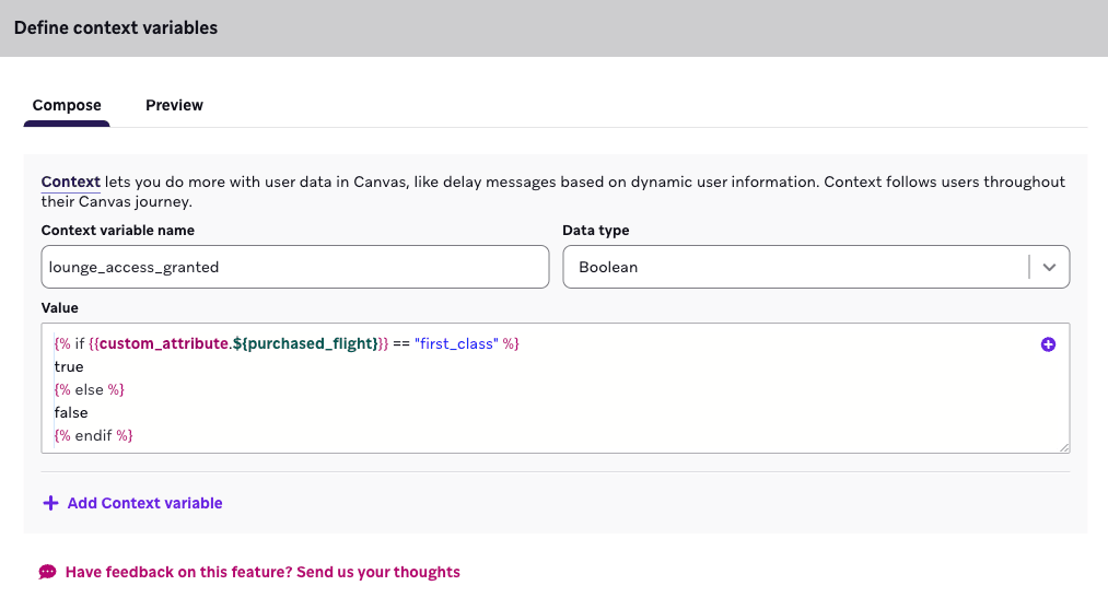 Variable de contexto configurada para realizar el seguimiento de si un pasajero cumple los requisitos para acceder a la sala VIP.