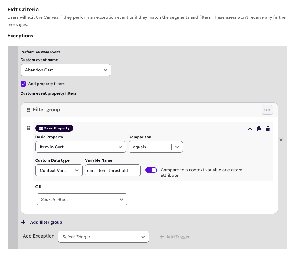 Criterios de salida configurados para que un usuario salga si realiza un evento personalizado basado en la variable de contexto.