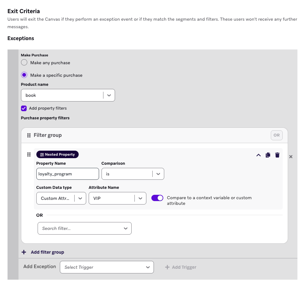 Criterios de salida configurados para que un usuario salga si realiza una compra.