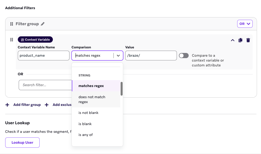 Una configuración de filtro para la variable de contexto "product_name" que coincida con la regex "/braze/".