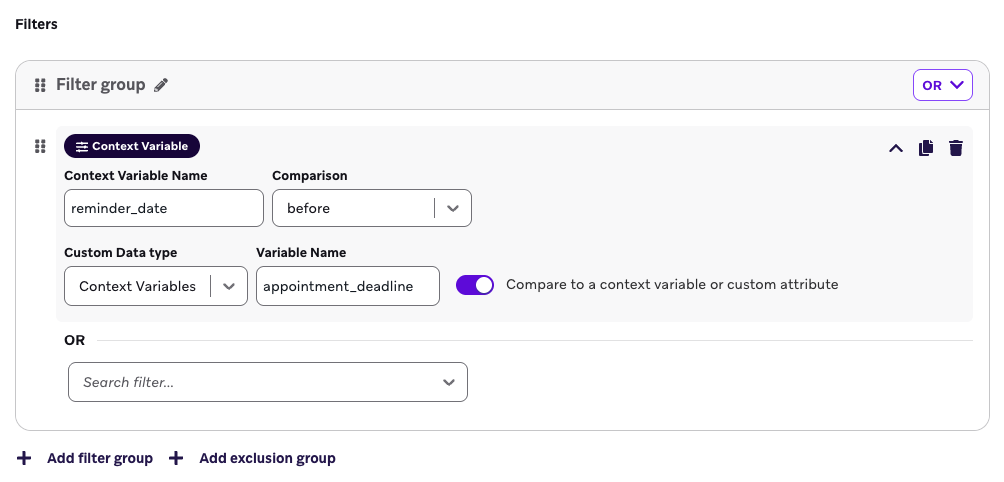 Una configuración de filtro con variables de contexto como tipo de personalización para la variable de contexto "reminder_date" en la variable de contexto "appointment_deadline".