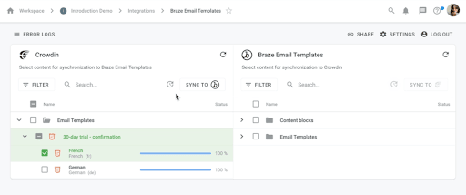 Paneles de Crowdin y Braze Email Templates listando plantillas de correo electrónico y bloques de contenido, con Sincronizar con Braze y Sincronizar con Crowdin.