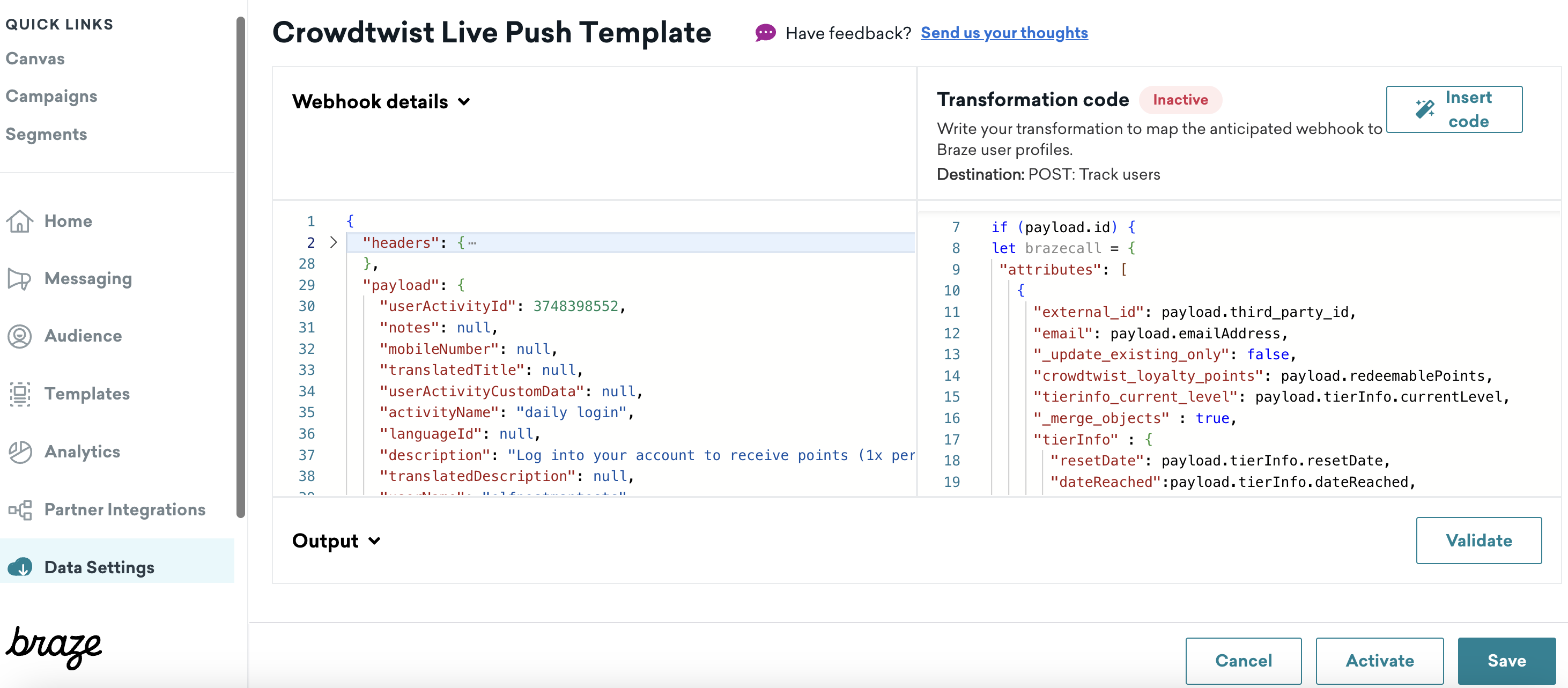 Captura de pantalla de la IU de transformación de datos Braze