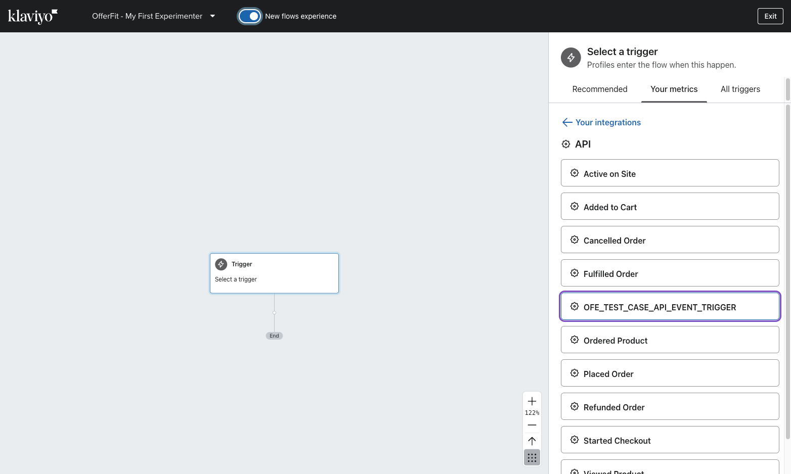 Un ejemplo de nombre de métrica que coincide con el nombre del evento « OFE_TEST_CASE_API_EVENT_TRIGGER » (desencadenante).