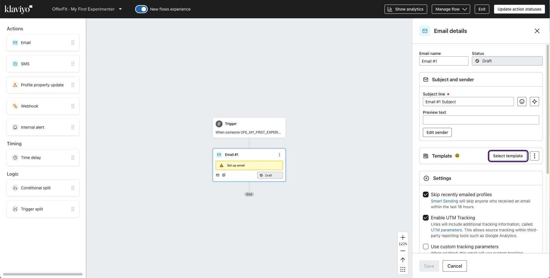 Opción «Seleccionar plantilla» en la sección «Detalles del correo electrónico».