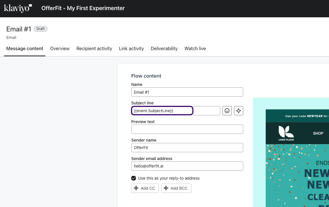 Ejemplo de línea del asunto, nombre del remitente y dirección de correo electrónico del remitente para el «Correo electrónico 1».
