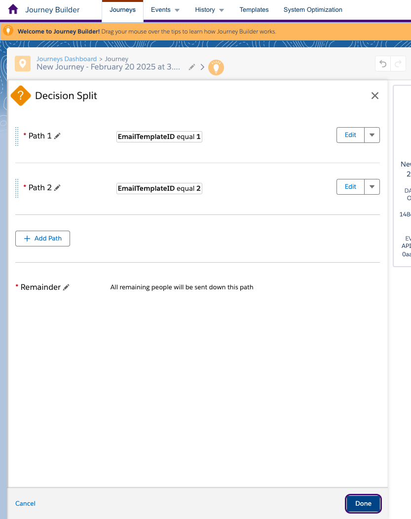 Dos rutas en una división de decisiones para cada ID de plantilla de correo electrónico.