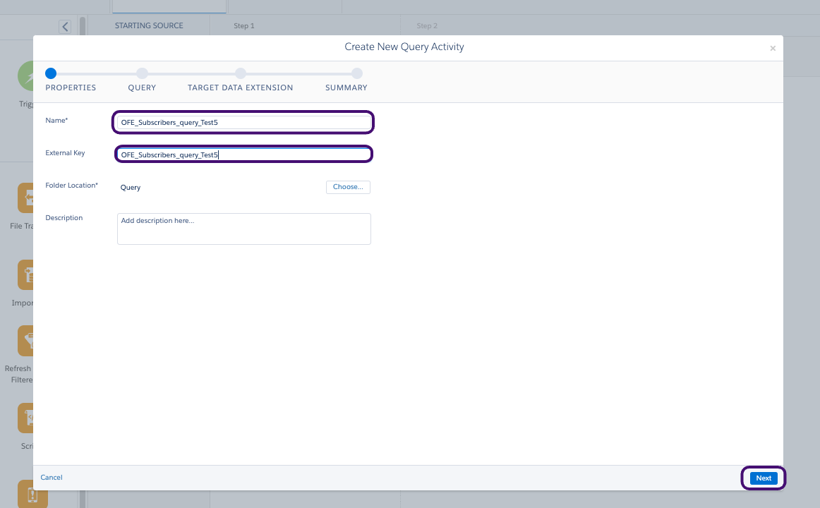 Un ejemplo"OFE_Subscribers_query_Test5"  y la clave externa.