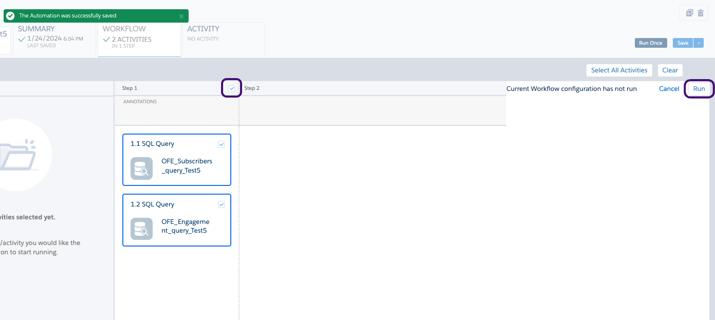 Una automatización"OFE_Experimenter_Test5_Automation"con una lista de actividades de consultas SQL seleccionadas para ejecutar.