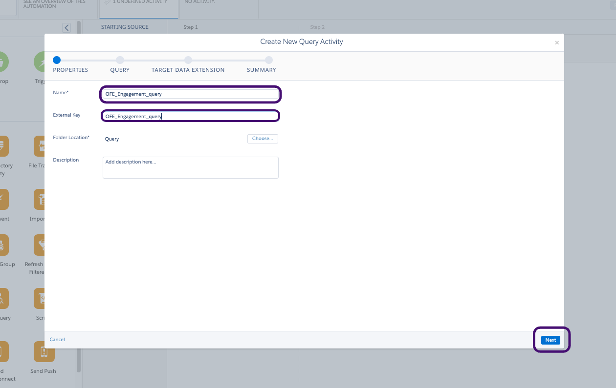 Un ejemplo"OFE_Engagement_query"  y la clave externa.