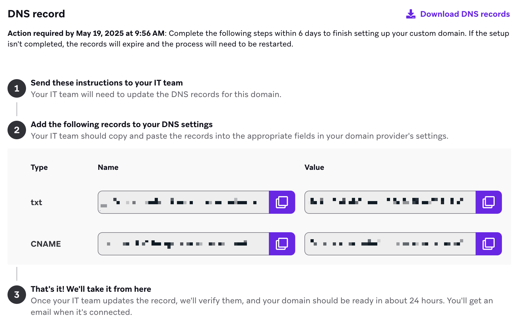 Sección «Registro de DNS» con tres pasos que debes completar para finalizar la configuración de tu dominio.